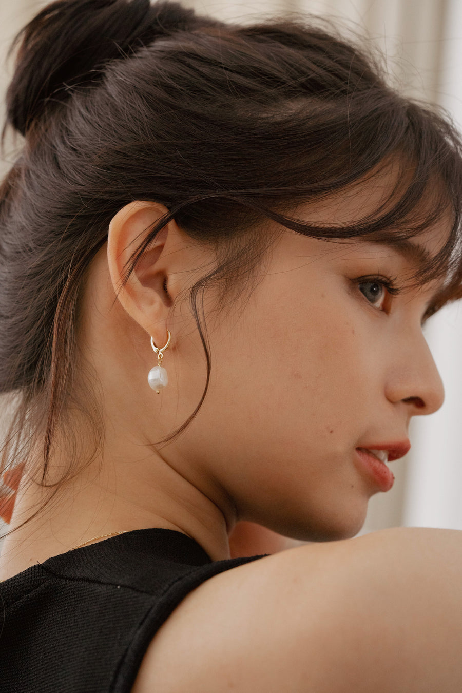 Ovate Baroque Pearl Diamond Huggies Earrings